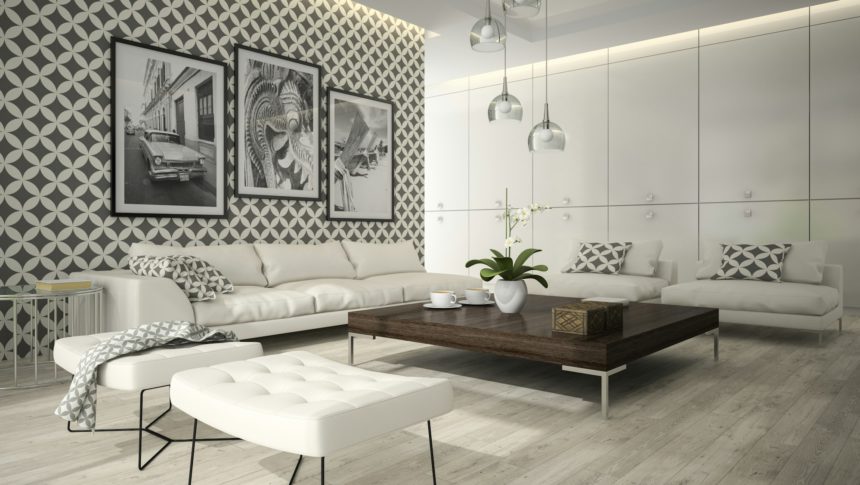 Interior of living room with stylish wallpaper 3D rendering 5