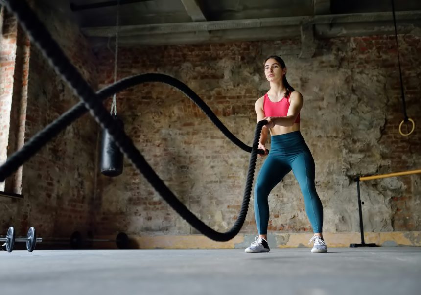 Young woman exercising with battle ropes at the gym. Strong female athlete doing crossfit workout